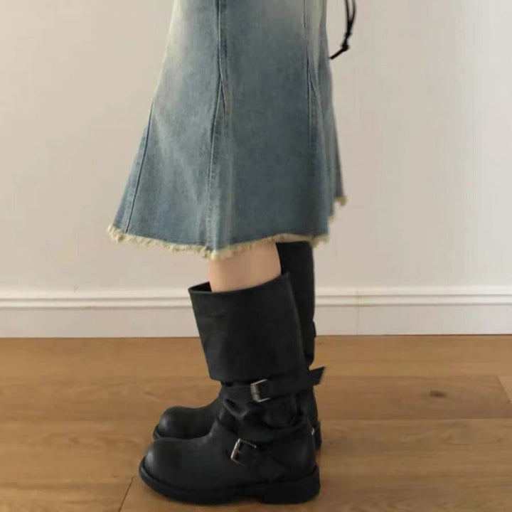 Women's Knee-High Motorcycle Biker Boots Mune Fashion