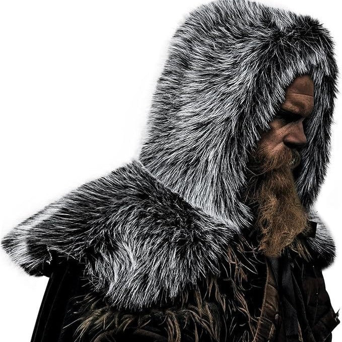 Men's hooded cloak made of dense faux fur with wide shoulder trim and warm interior lining Mune Fashion