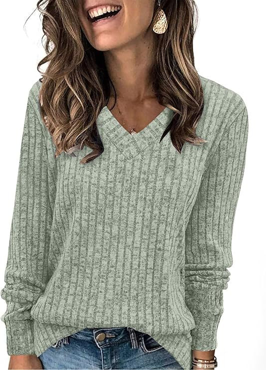 Women's Ribbed V-Neck Fine-knit Sweater with Casual Oversized Fit Mune Fashion