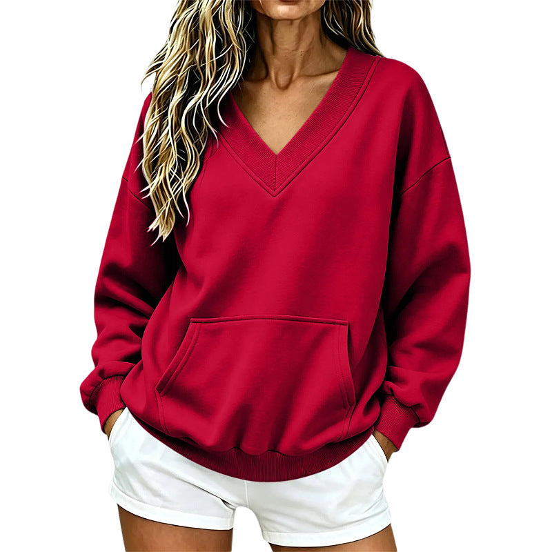 Women Oversize V-Neck Sweatshirt with Kangaroo Pocket and Ribbed Hem Mune Fashion