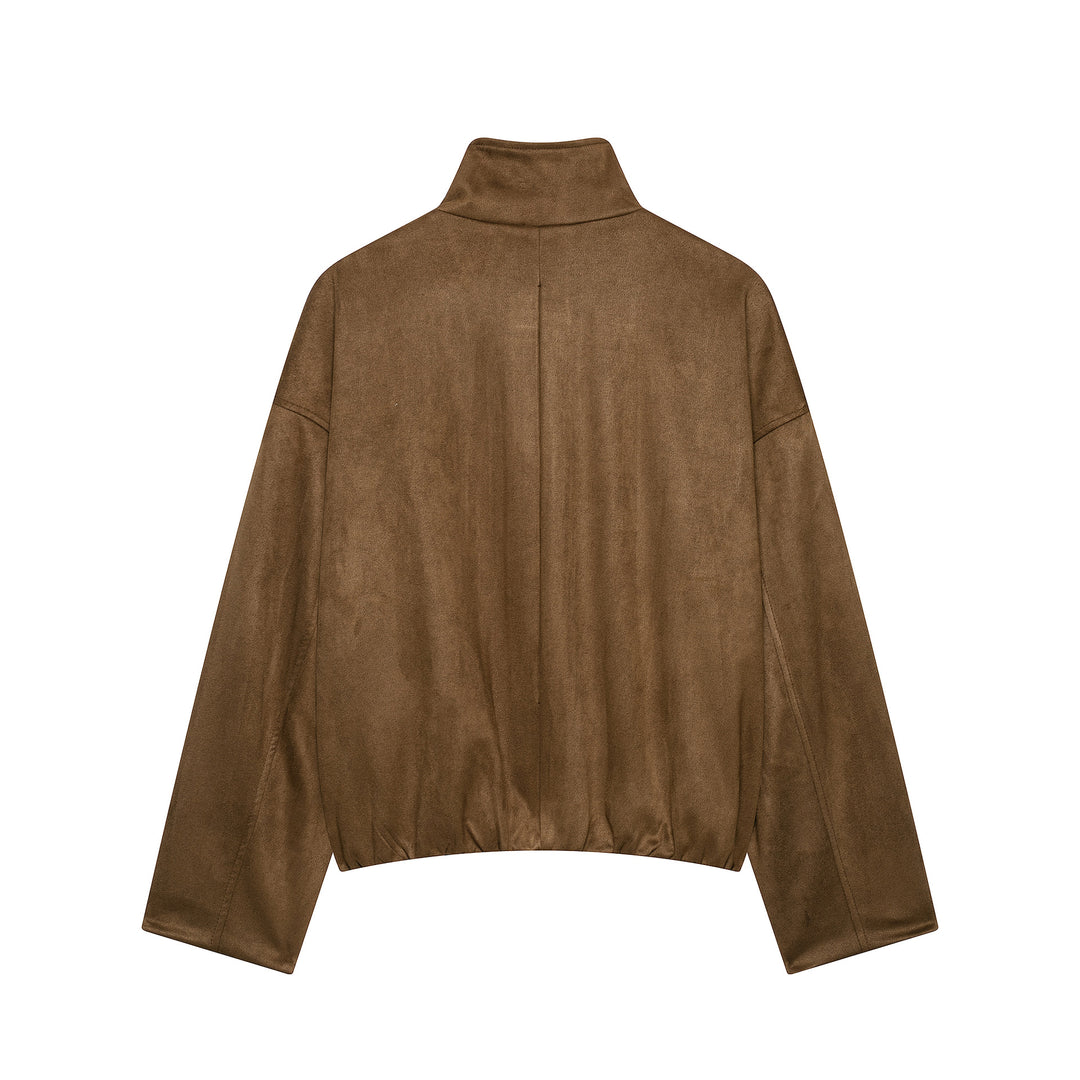 Women Short Suede Look Field Jacket with Stand-up Collar, Flap Pockets and Epaulettes Mune Fashion
