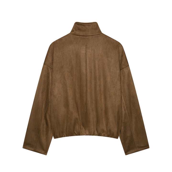 Women Short Suede Look Field Jacket with Stand-up Collar, Flap Pockets and Epaulettes Mune Fashion