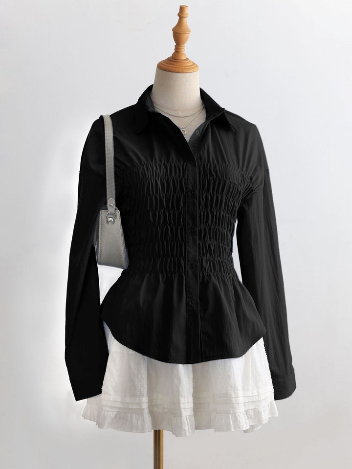 Women's tailored shirt blouse with gathered bust area and peplum Mune Fashion