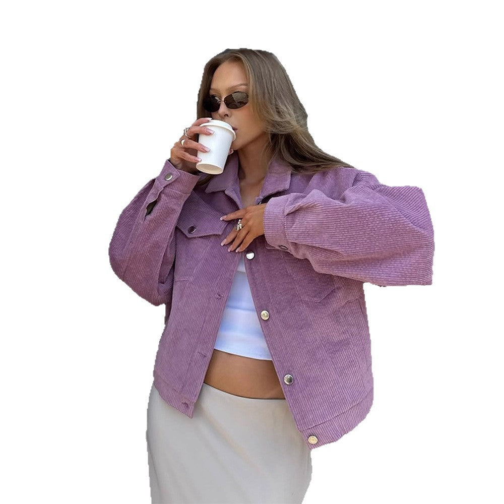 Women’s Oversize Cord Jacket in Cropped Cut with Flap Pockets and Boxy Silhouette Mune Fashion