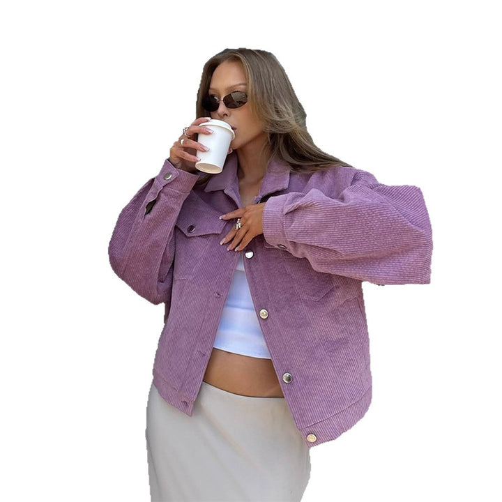 Women’s Oversize Cord Jacket in Cropped Cut with Flap Pockets and Boxy Silhouette Mune Fashion