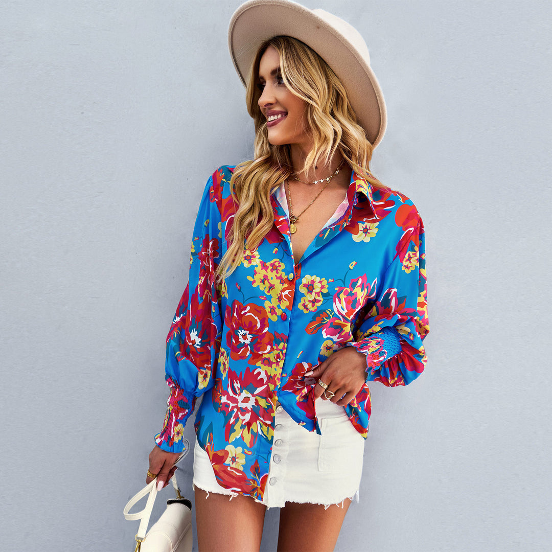 Women's loose shirt blouse with floral all-over print, silk look, smock sleeves, and buttoned front placket Mune Fashion
