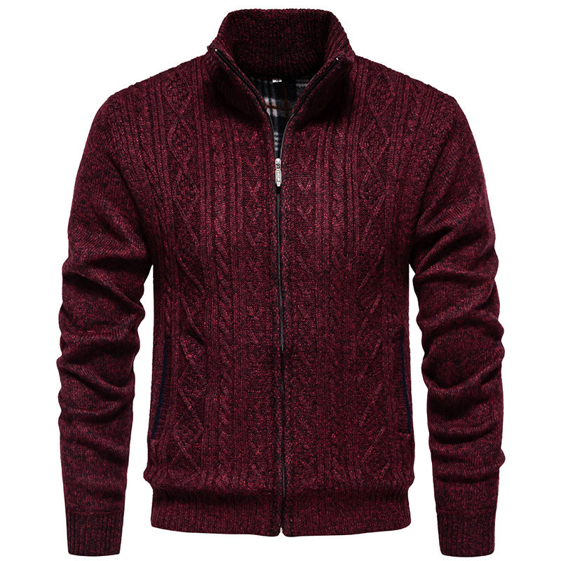Men's chunky knit cardigan with cable pattern, stand-up collar and checked inner lining Mune Fashion