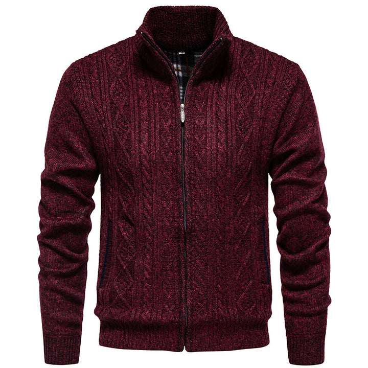 Men's chunky knit cardigan with cable pattern, stand-up collar and checked inner lining Mune Fashion