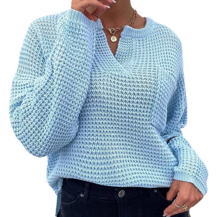 Women's Waffle Knit Sweater with V-Slit, Oversized Cut and Balloon Sleeves Mune Fashion