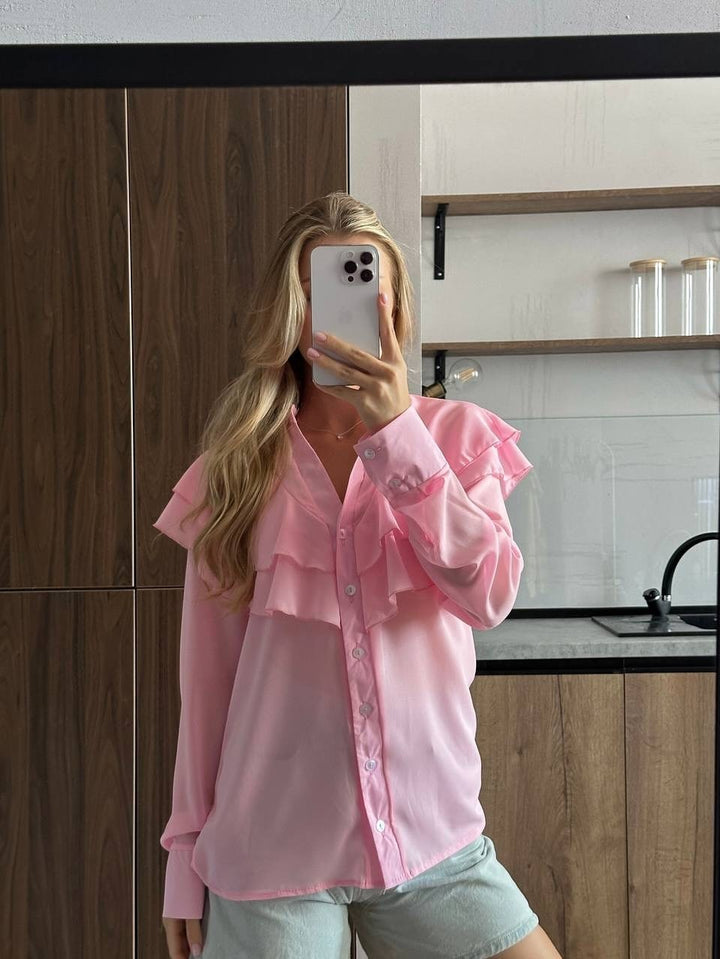 Women's chiffon blouse with layered ruffle and pearl buttons Mune Fashion