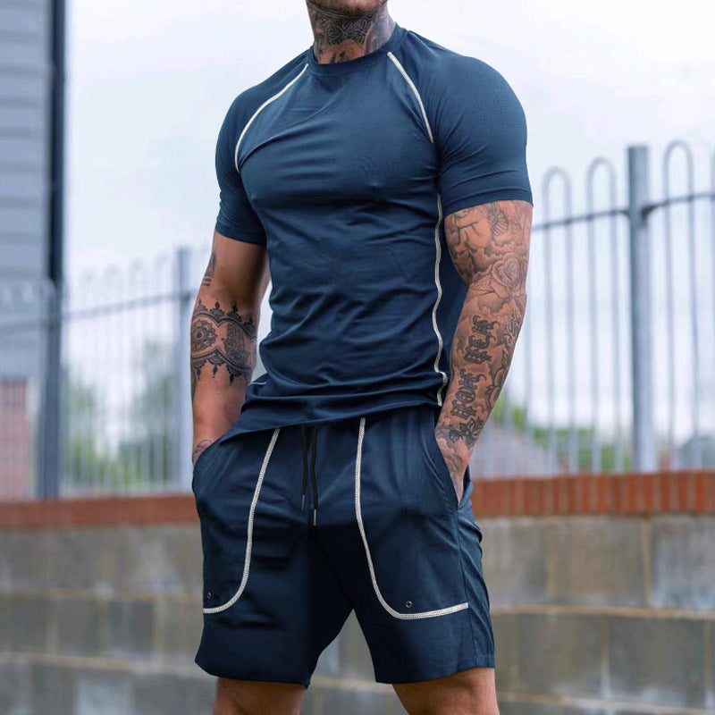 Men's Raglan-Fit Short Sleeve Shirt and Drawstring Shorts Set made of breathable stretch jersey with contrast stitching Mune Fashion