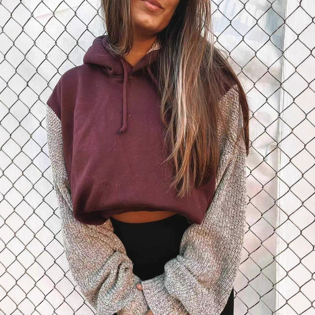 Women's Hooded Cropped Pullover with Wide-Cut Knitted Sleeves and Drawstring Mune Fashion