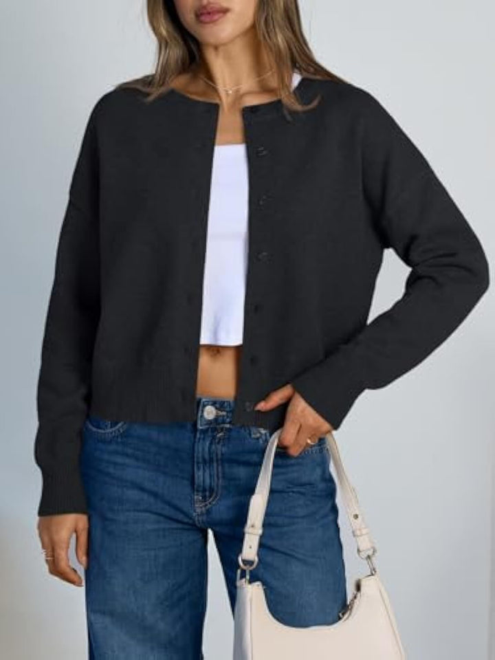 Women's Cropped Cardigan in Boxy Cut with Round Neck and Ribbed Cuffs Drune