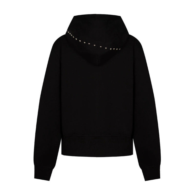Women's hooded sweat jacket with studded accents, full-length zipper, and kangaroo pockets Mune Fashion