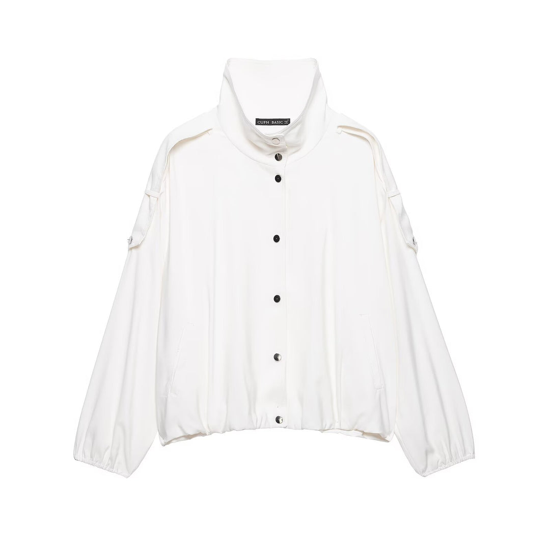 Women Oversize Blouson Jacket with Stand-Up Collar and Snap Front Mune Fashion