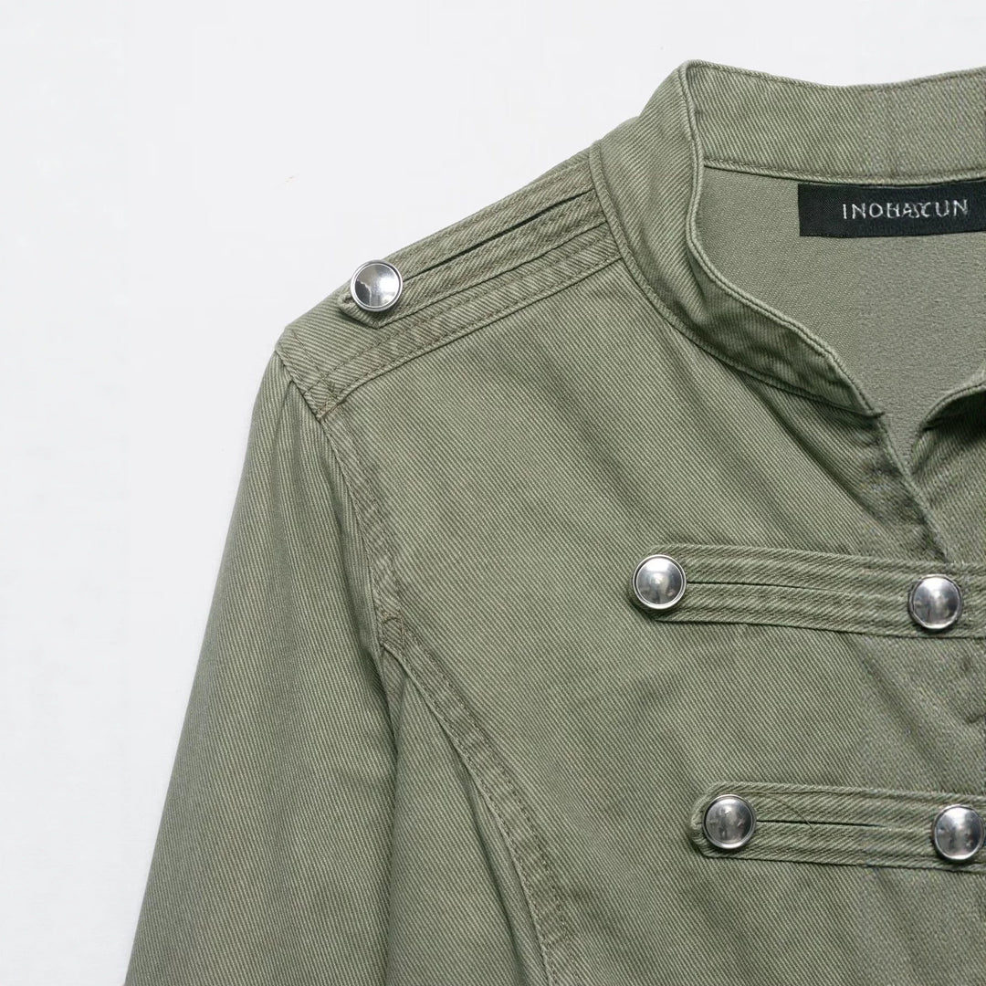 Women's cropped military jacket with stand-up collar, decorative button placket, and fitted silhouette Mune Fashion