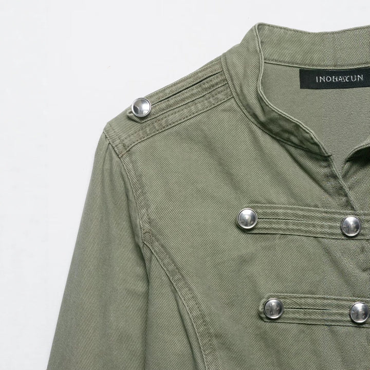 Women's cropped military jacket with stand-up collar, decorative button placket, and fitted silhouette Mune Fashion