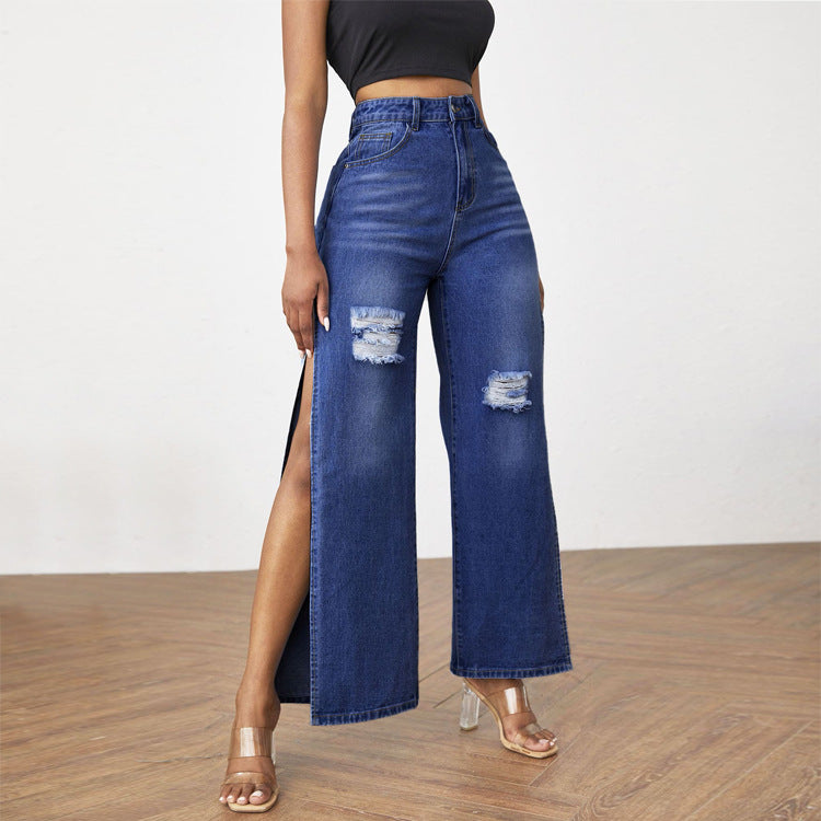 Women's high-cut jeans with wide leg, knee rips, and side leg slits Mune Fashion