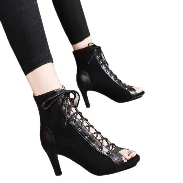 Women's Open-Toe Lace-Up Ankle Boot with Suede Look and Stiletto Heel Mune Fashion