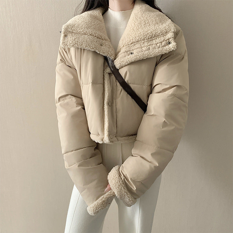 Women's short padded jacket with high-closing shawl collar and teddy cuffs Mune Fashion