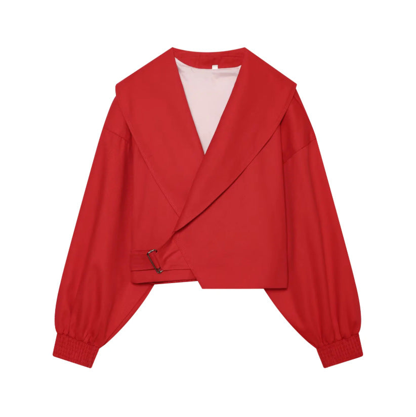 Women's short jacket with wide sailor collar, balloon sleeves, and asymmetrical buckle closure Mune Fashion