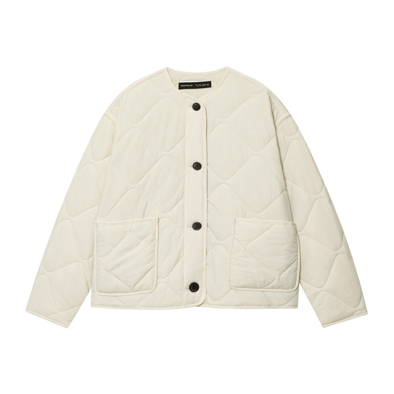 Women's Quilted Oversized Quilted Jacket with Round Neckline, Patch Pockets and Button Placket Mune Fashion