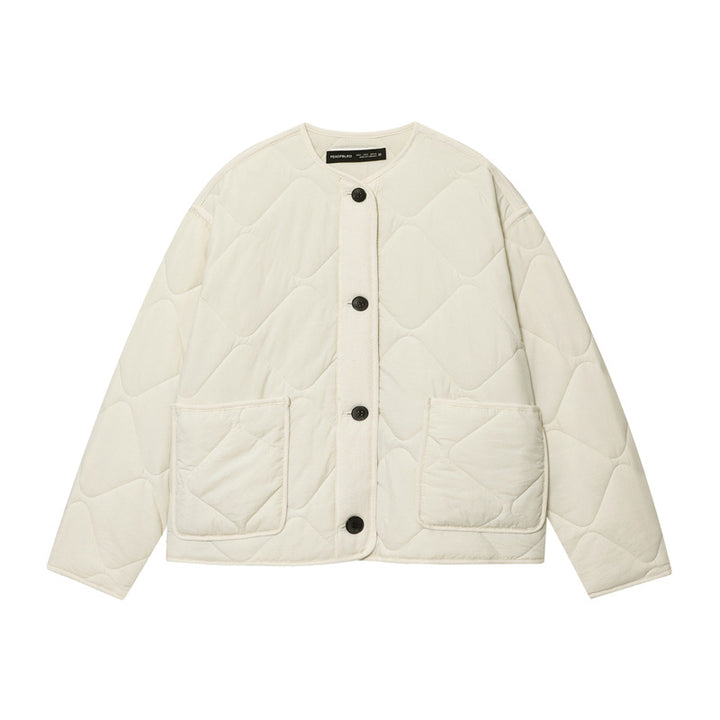 Women's Quilted Oversized Quilted Jacket with Round Neckline, Patch Pockets and Button Placket Mune Fashion