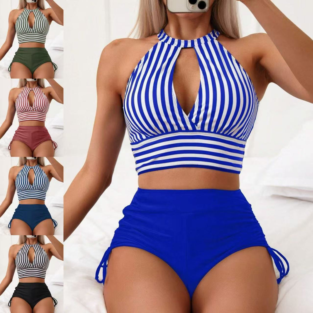 Women's triangle bikini set with striped top and high-waisted Mune Fashion