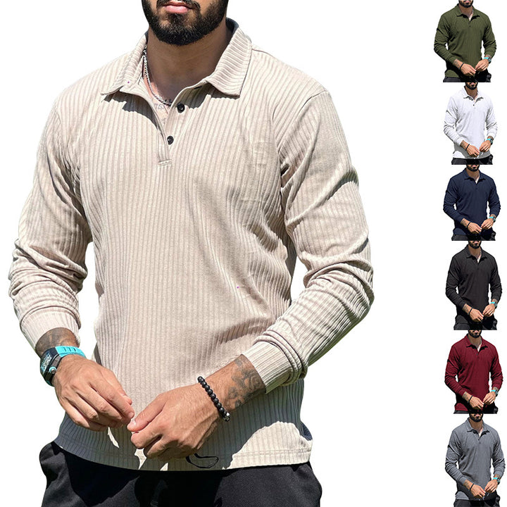 Men's ribbed long-sleeve polo shirt with Henley button placket and elastic cotton stretch Mune Fashion