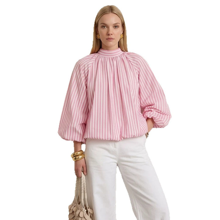 Women Backless Striped Blouse Top with Bow Collar Mune Fashion