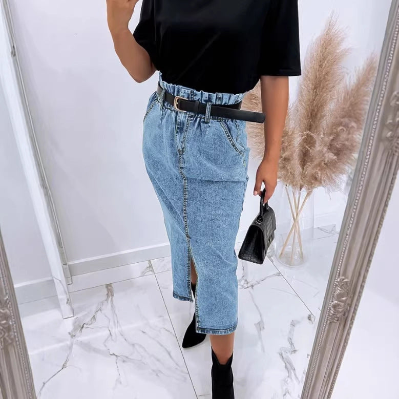 Women's High-Waisted Paperbag Denim Midi Skirt with Front Slit and Tied Belt Mune Fashion