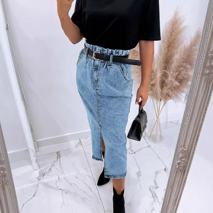 Women's High-Waisted Paperbag Denim Midi Skirt with Front Slit and Tied Belt Mune Fashion