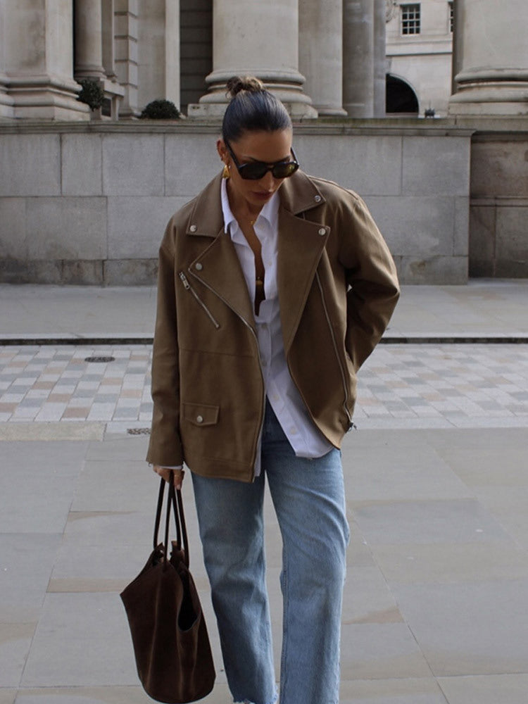 Women Oversize Biker Jacket made of suede imitation with asymmetric zipper Mune Fashion