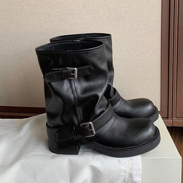 Women's calf-high biker boots made of smooth leather with double buckles and gathered shaft Mune Fashion