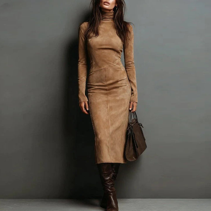 Women's Fitted Midi Dress in Velvet Look with Roll Neck and Tailored Silhouette Mune Fashion