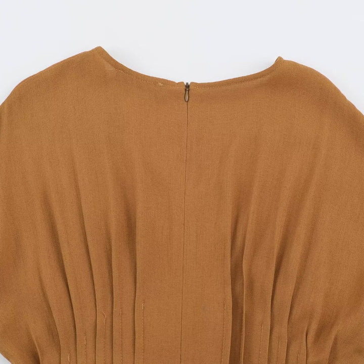 Ladies Pleated Midi Dress with V Neck and Tailored Silhouette Mune Fashion