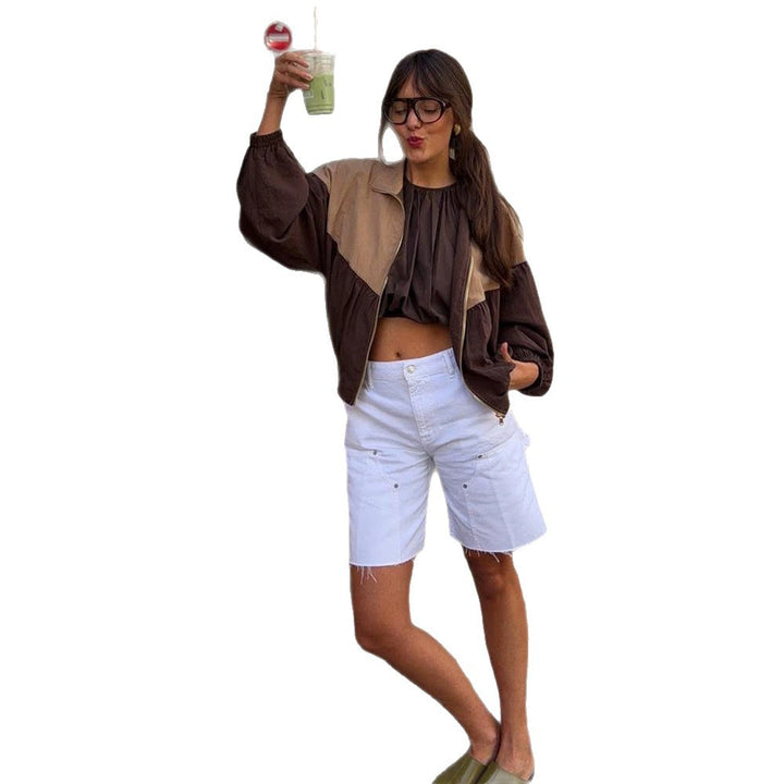Women's short cut multicolored bomber jacket with drawstring, raglan sleeves, and zipper Mune Fashion
