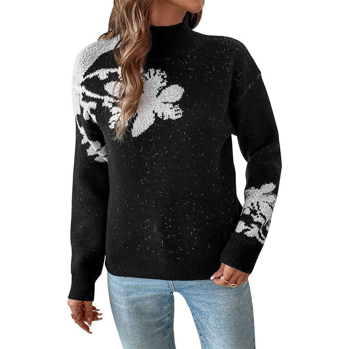 Women’s Floral Intarsia Knit Sweater with Stand-Up Collar and Loose Silhouette Mune Fashion