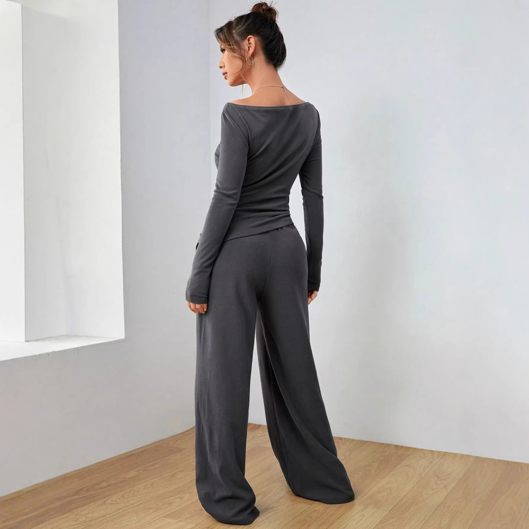 Women's Casual Two-Piece Lounge Set with Boat Neck, Tailored Draping and Wide Palazzo Pants Mune Fashion