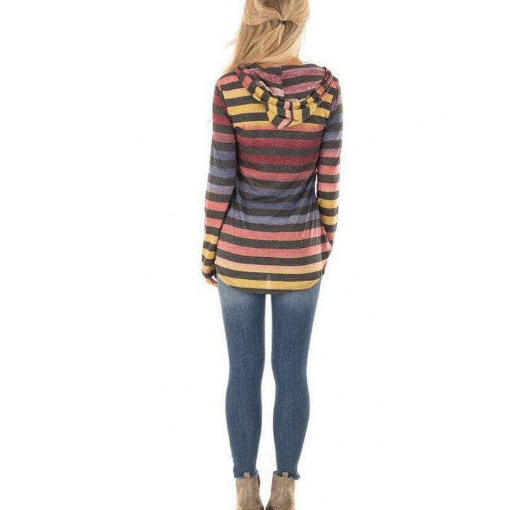 Women Striped Hooded Long Sleeve with Tunic Silhouette Mune Fashion