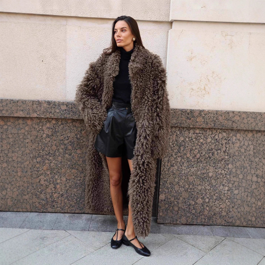 Women's Maxi Long Curly Teddy Coat in Sheepskin Look Mune Fashion