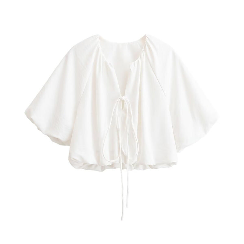 Women's Oversize Cape Blouse with Drawstring, Balloon Sleeves and Gathered Hem Mune Fashion