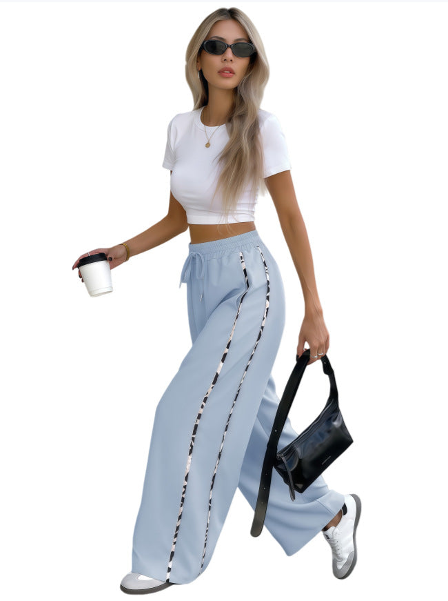 Women's Wide High-Waist Lounge Pants with Drawstring and Contrasting Side Stripes Mune Fashion