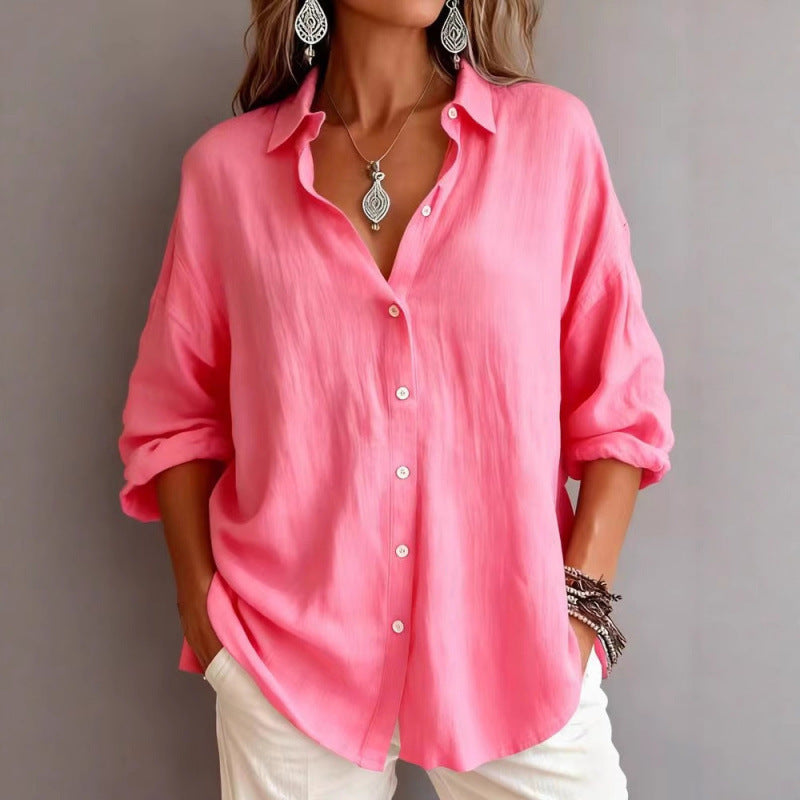 Women's Loose Linen Look Shirt with Oversized Cut and Round Hem Mune Fashion