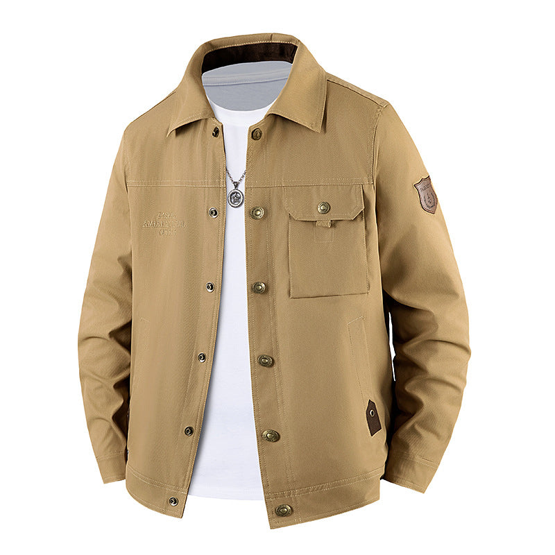 Men's Canvas Work Jacket with Button Placket, Patch Chest Pocket and Shirt Collar Mune Fashion