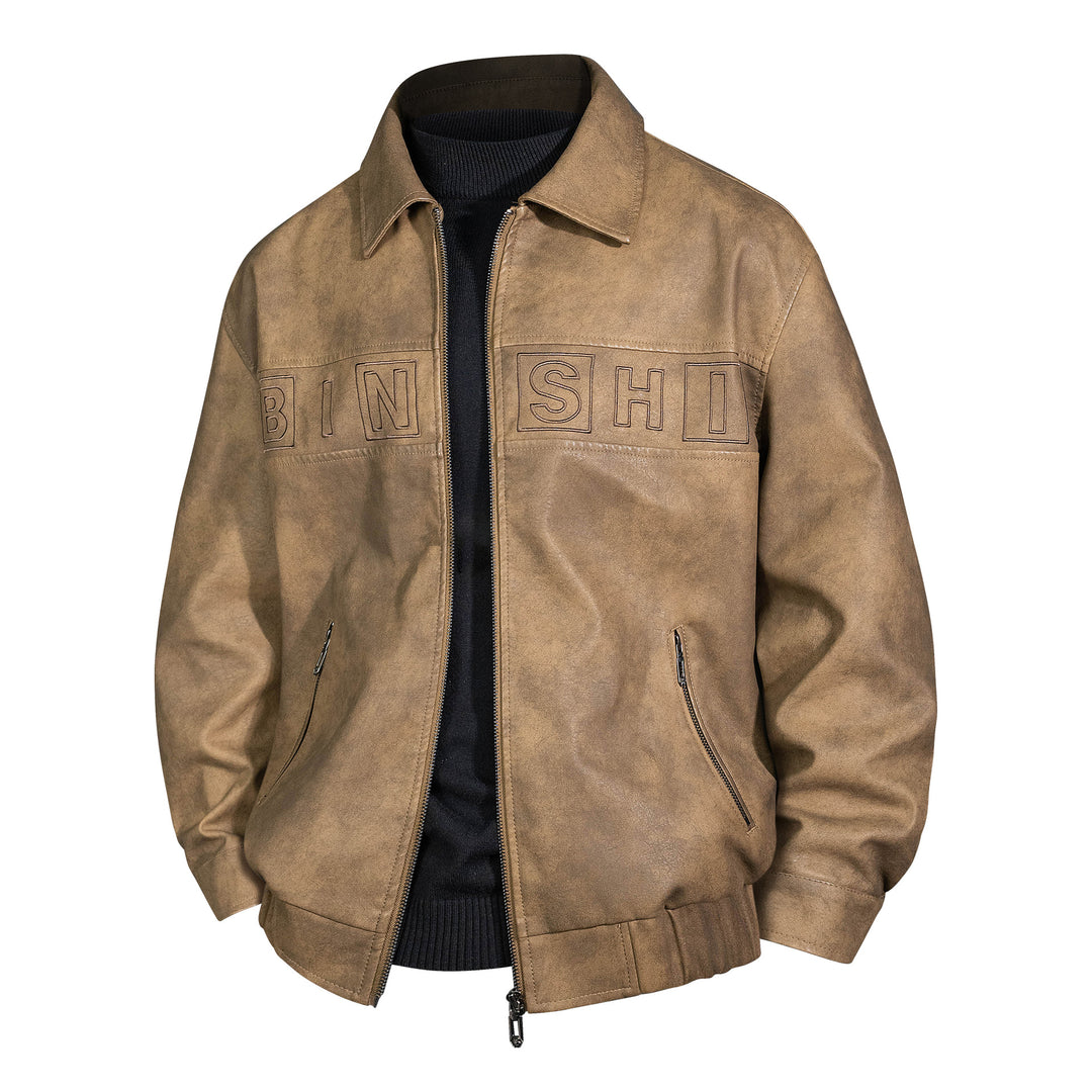 Men's Suede Look Bomber Jacket with Applied Logo and Zipper Mune Fashion