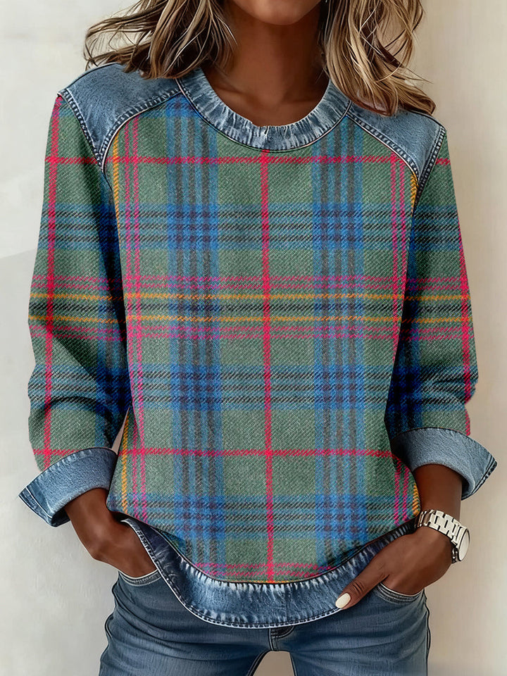 Women's knit sweater with denim collar and button placket Mune Fashion