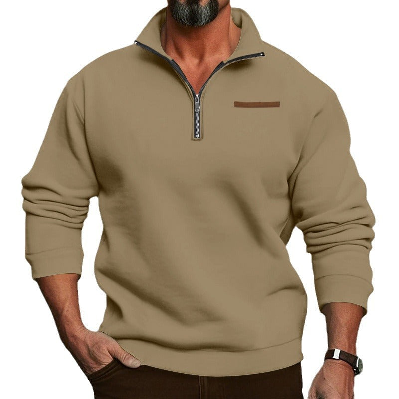 Men's short zipper sweater with stand-up collar, chin guard, and discreet chest piping Mune Fashion