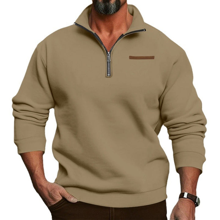 Men's short zipper sweater with stand-up collar, chin guard, and discreet chest piping Mune Fashion