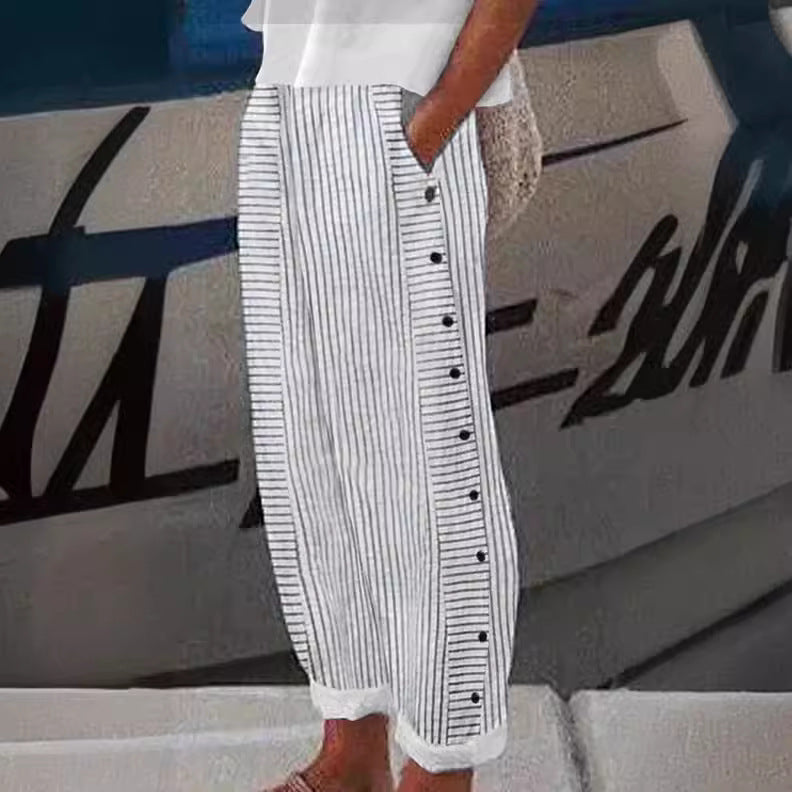 Women Lightweight Striped Trousers with Side Button Plackets and Elastic Waistband Mune Fashion